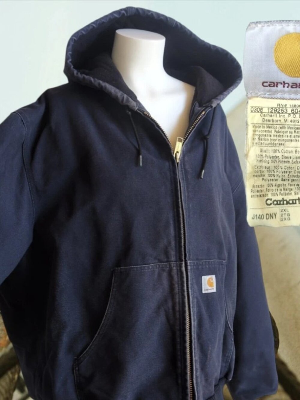 Carhartt J140 Dark Blue Jacket 2XL Hooded Canvas Workwear Quilt Lined vintage